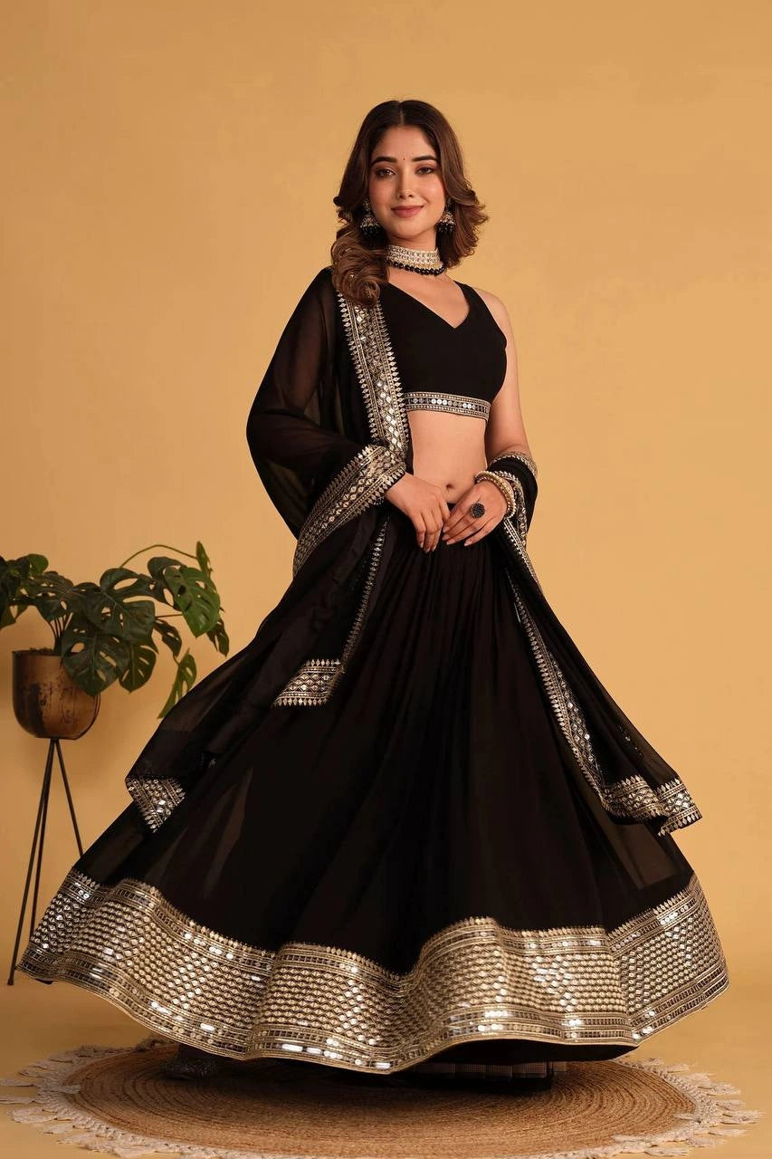 Black Sequins Embroidered Lehenga Full Front View Dupatta Draped – KL201 – Kalyanja
