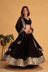 Black Sequins Embroidered Lehenga Full Front View Dupatta Draped – KL201 – Kalyanja