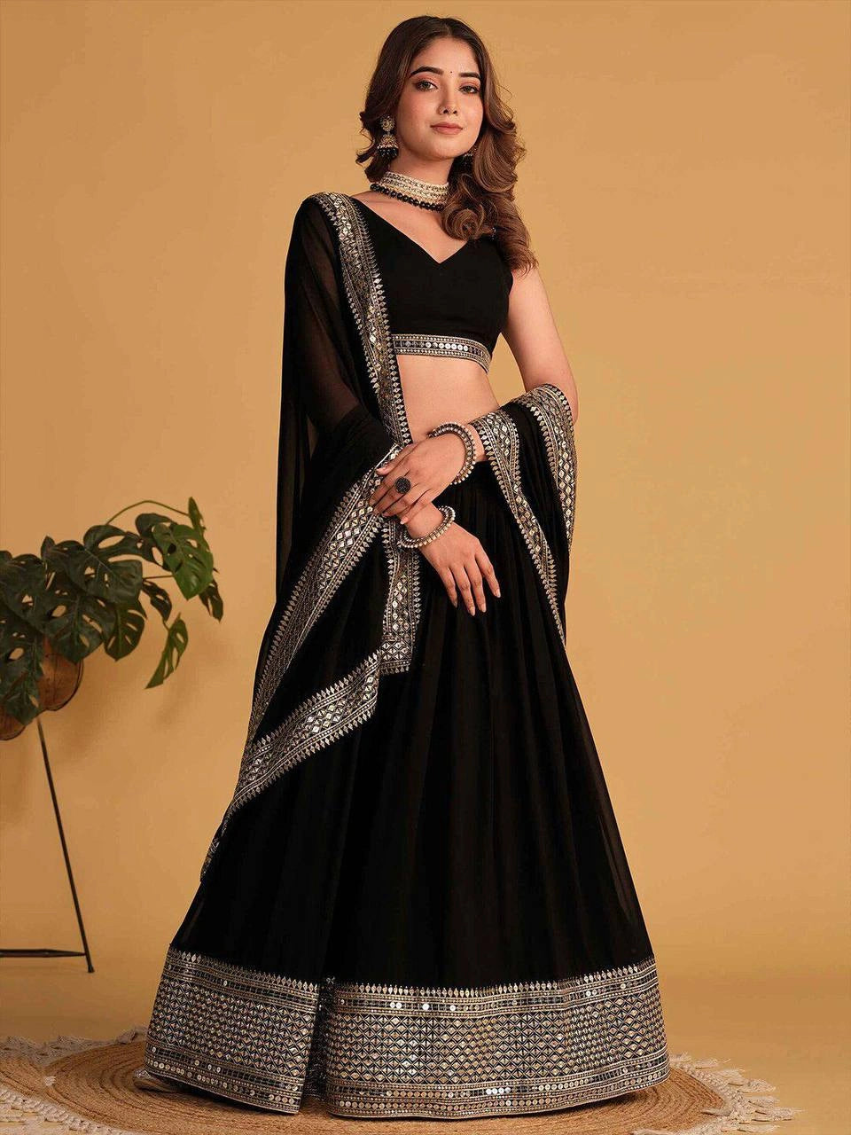 Black Faux Blooming Lehenga Front View Sequins Border – KL201 – Kalyanja
