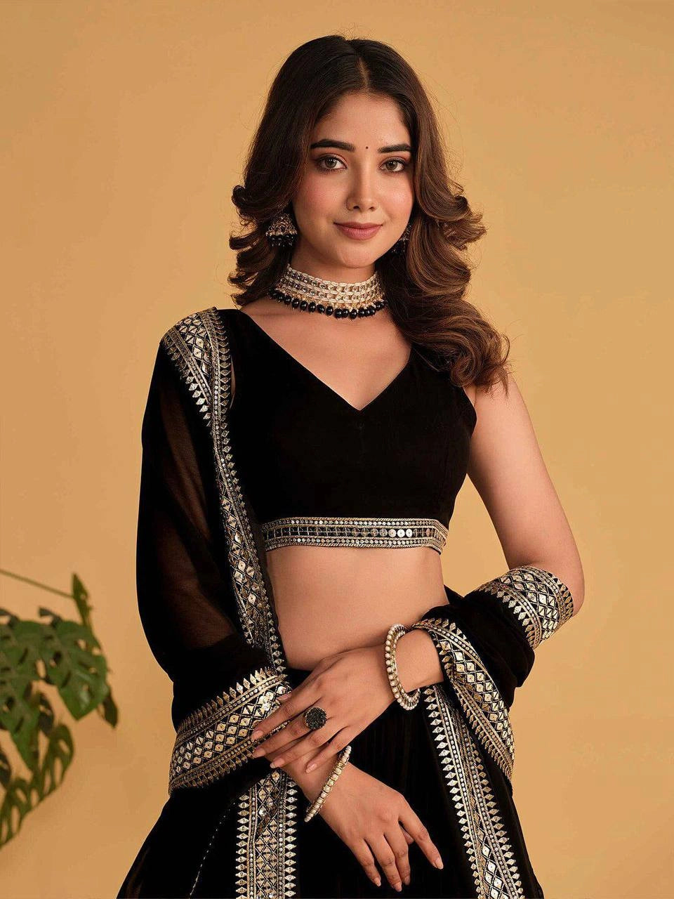 Black Sequins Embroidered Lehenga Choli V-Neck Close Up – KL201 – Kalyanja