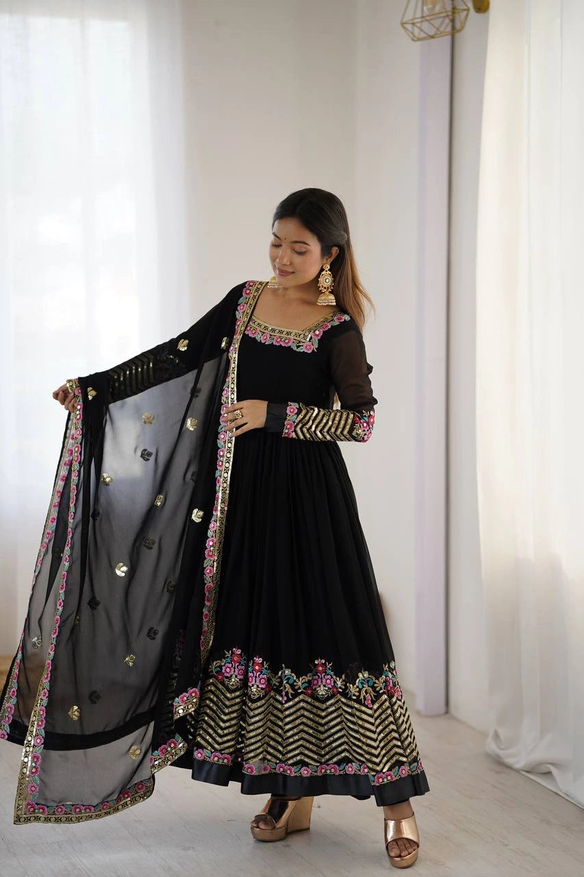 Black Anarkali Suit model portrait close up look KU264
