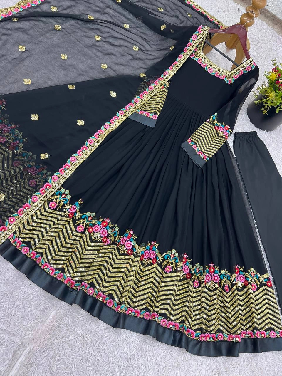 Black Anarkali Suit flatlay overhead gold chevron hem KU264