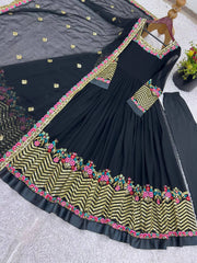 Black Anarkali Suit flatlay overhead gold chevron hem KU264