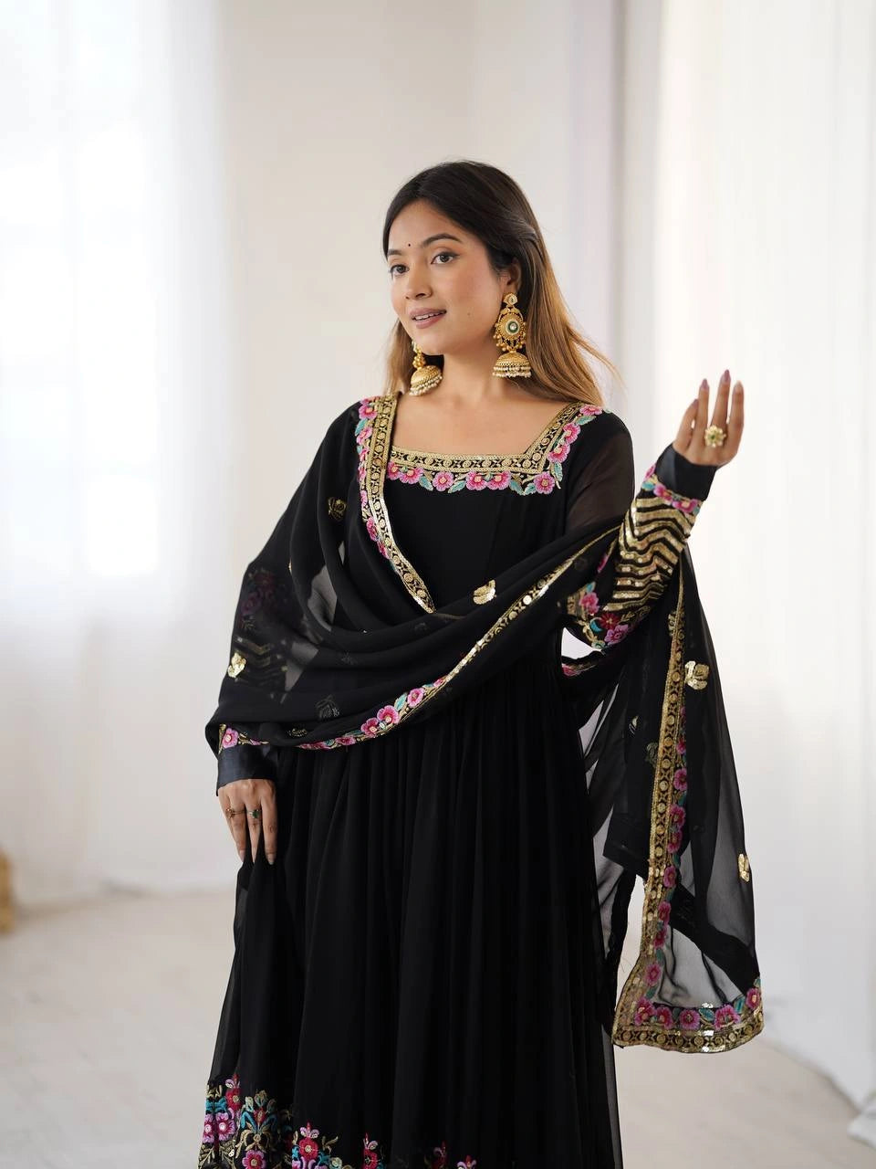 Black Anarkali Suit model three quarter view with dupatta KU264
