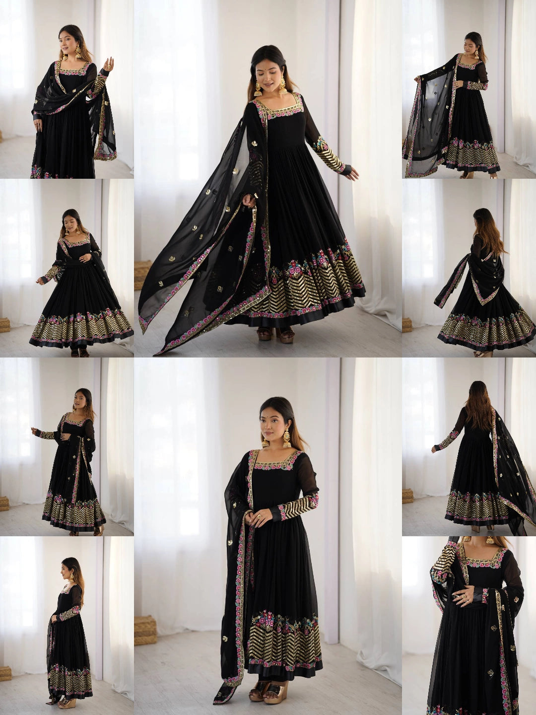 Black Sequins Embroidered Anarkali Suit panoramic flatlay KU264