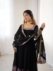 Black Anarkali Suit model three quarter view with dupatta KU264