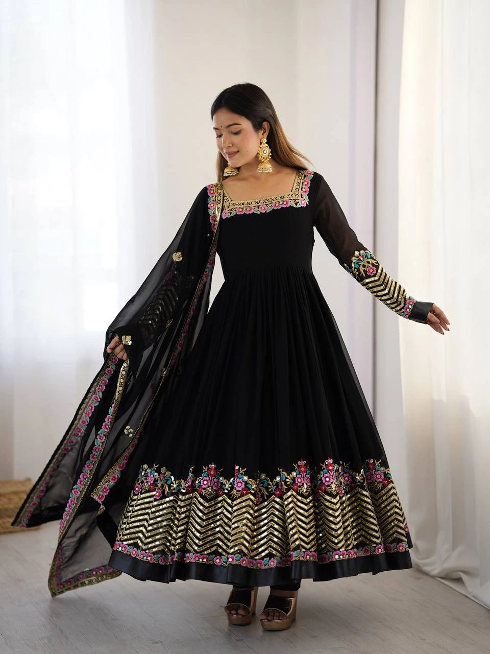 Black Anarkali Suit model different front angle festive KU264
