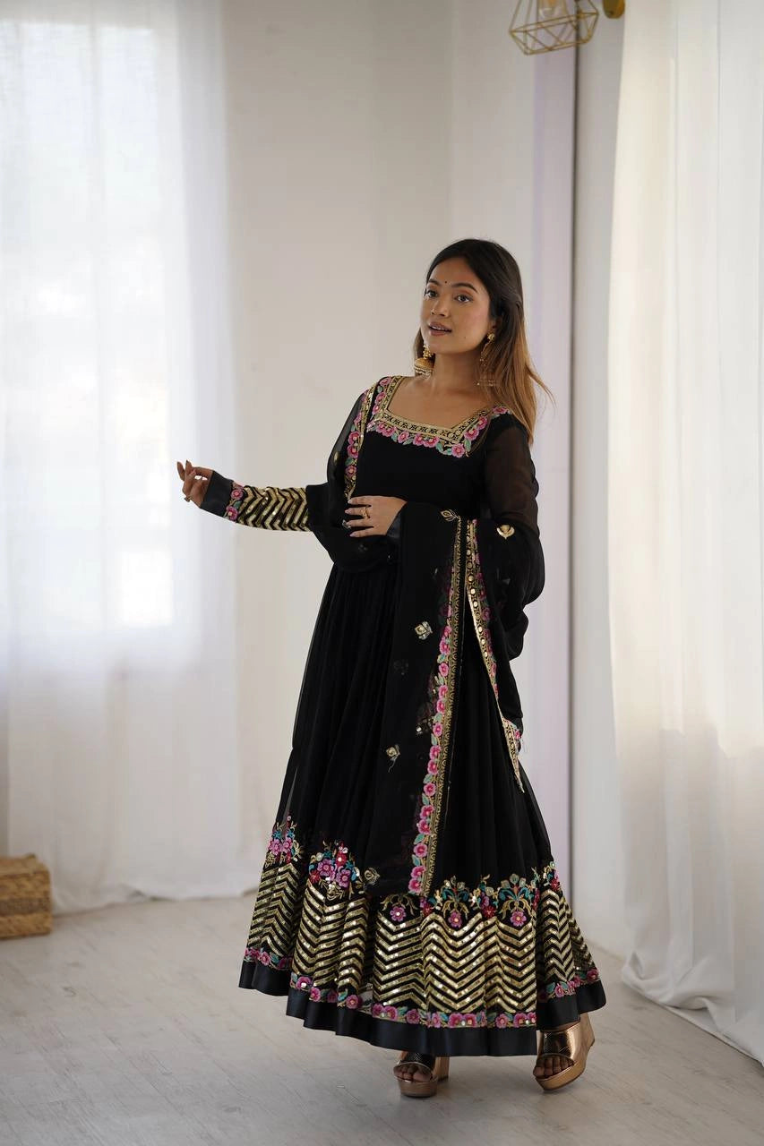 Black Sequins Suit model pose wedding occasion anarkali KU264