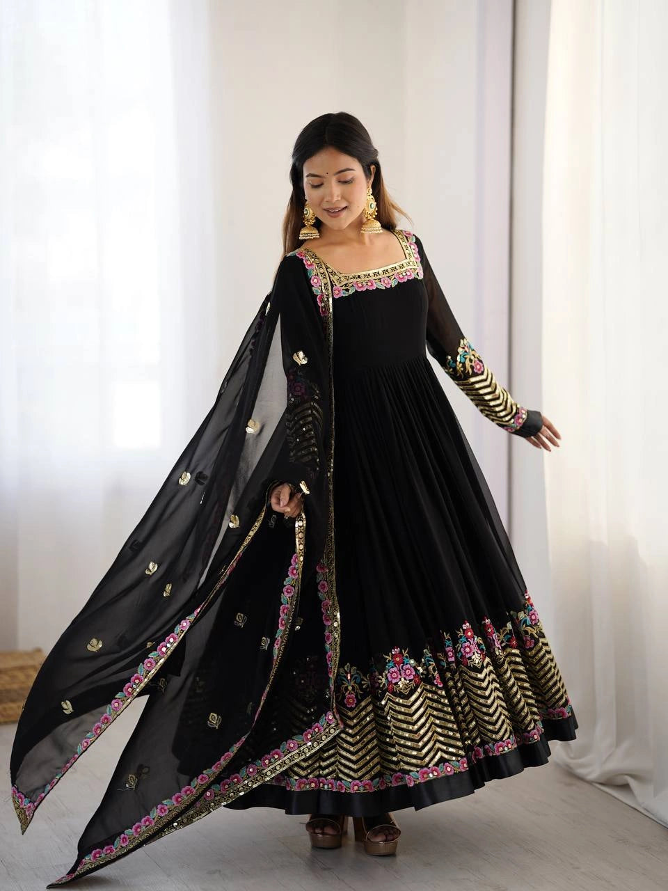 Black Anarkali Suit floral moti embroidery neckline close up KU264