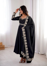 Black Sequins Embroidered Suit – Roman Silk Blend, U-Neck, Full Sleeves