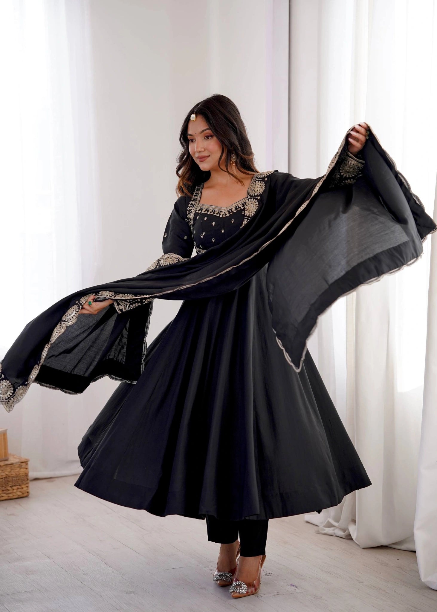 Black Sequins Embroidered Suit Deep Back Detail KU274 Kalyanja