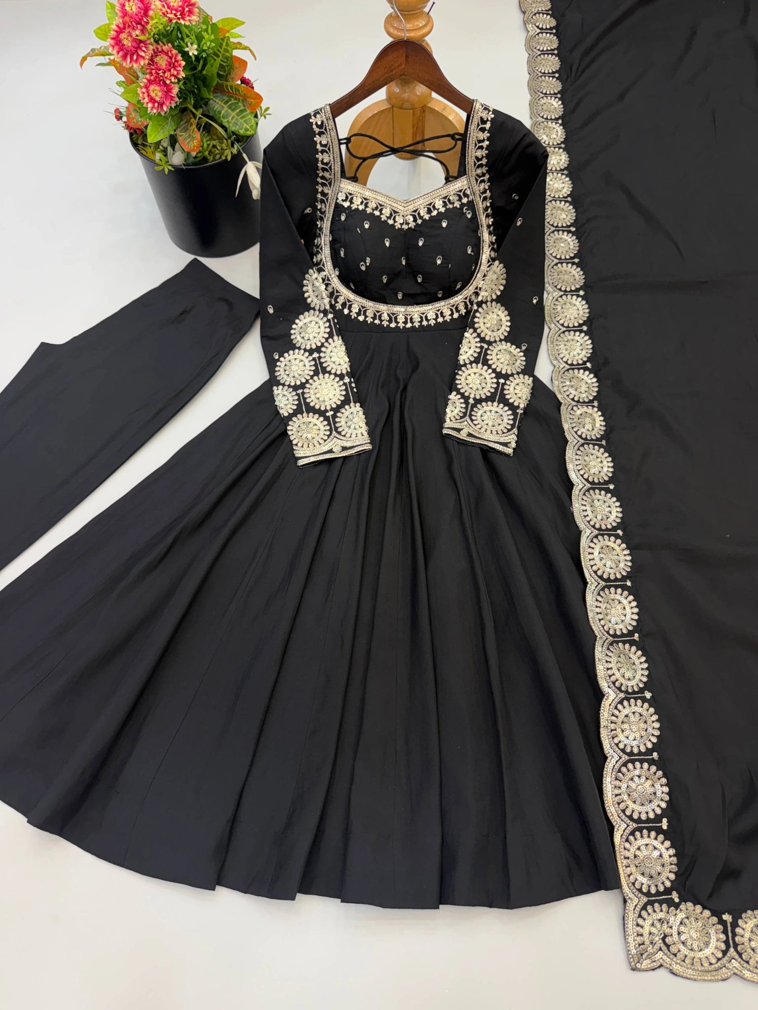 Black Anarkali Suit Roman Silk Blend KU274 Kalyanja