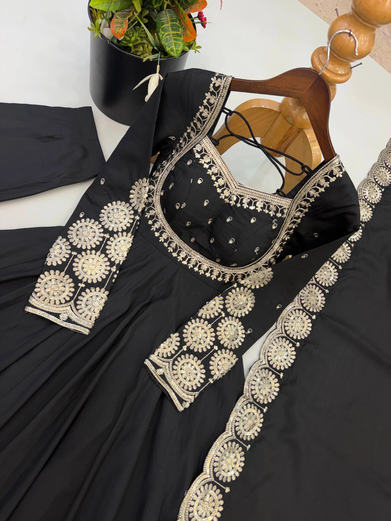 Black Anarkali Suit Flat Lay All Pieces KU274 Kalyanja