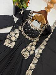 Black Anarkali Suit Flat Lay All Pieces KU274 Kalyanja