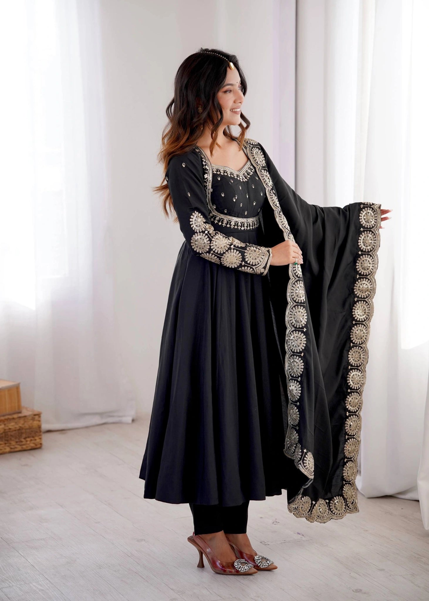 Black Sequins Embroidered Suit Side View KU274 Kalyanja