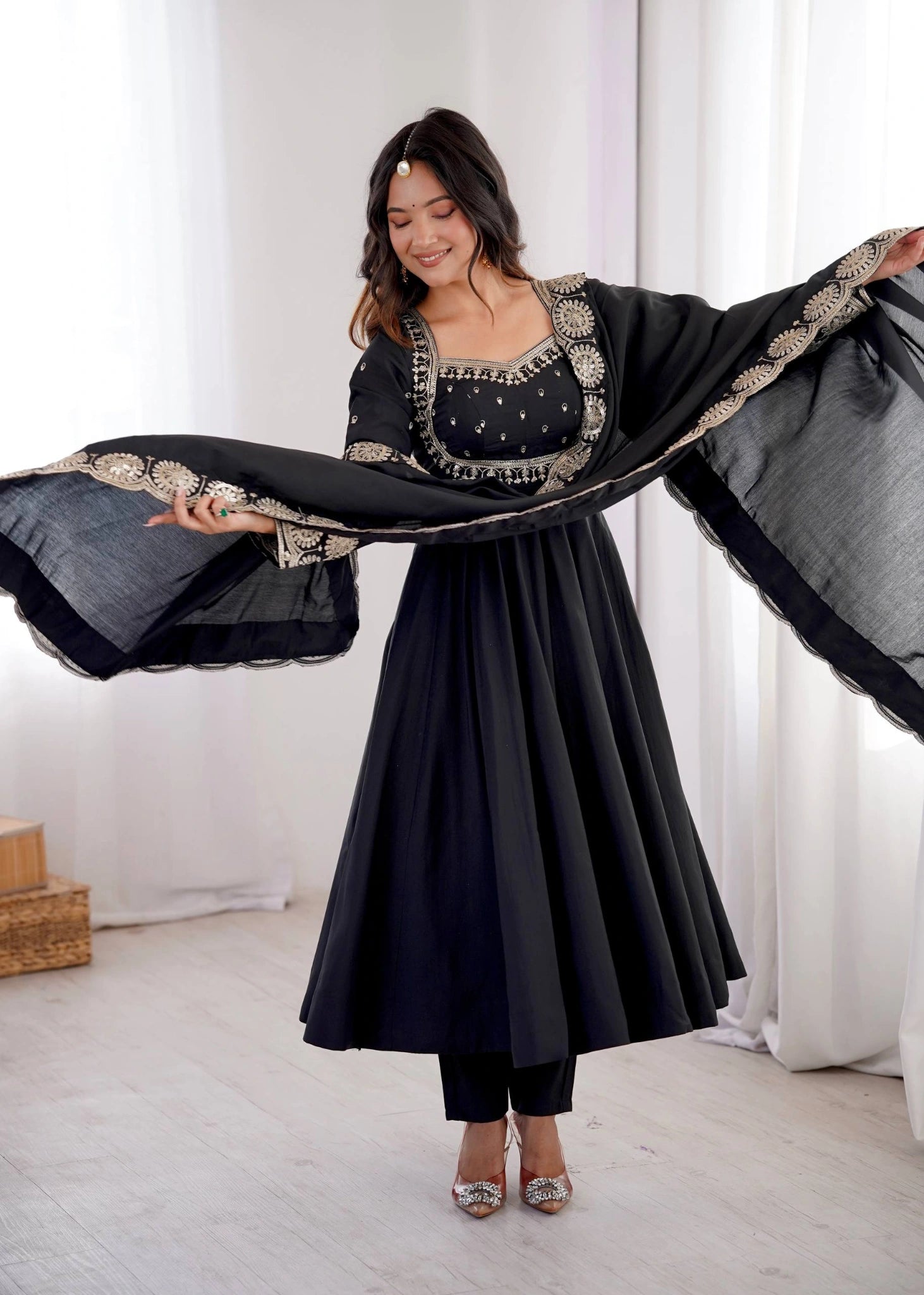 Black Sequins Suit U Neck Detail KU274 Kalyanja
