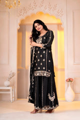 Black Sequins Sharara Suit front view smiling model Chinon Blend 3/4 sleeve KU289