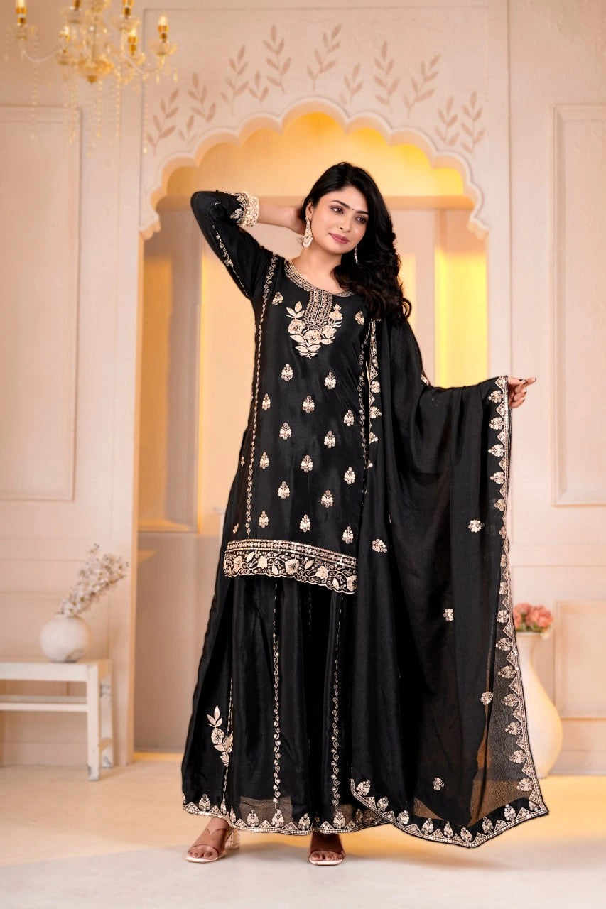 Black Sequins Sharara Suit full length front model arm up holding dupatta