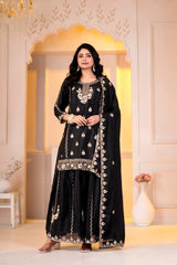 Black Sequins Sharara Suit front view model with black dupatta draped Kalyanja
