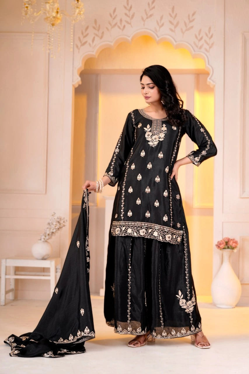Black Sequins Sharara Suit full length third model showing sharara flare and hem detail