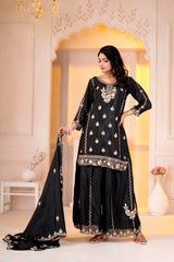 Black Sequins Sharara Suit full length third model showing sharara flare and hem detail