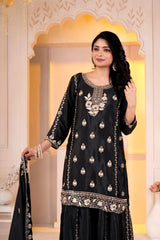 Black Sharara Suit close up portrait showing round neckline and chest floral sequins embroidery