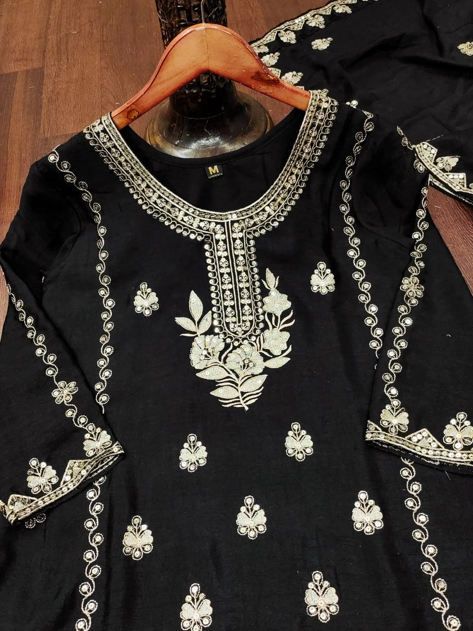 Black Sequins Sharara Suit flat lay close up showing neckline embroidery and booti motifs