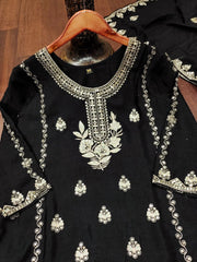 Black Sequins Sharara Suit flat lay close up showing neckline embroidery and booti motifs