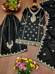 Black Chinon Blend Sharara Suit flat lay full 3-piece set sharara and dupatta