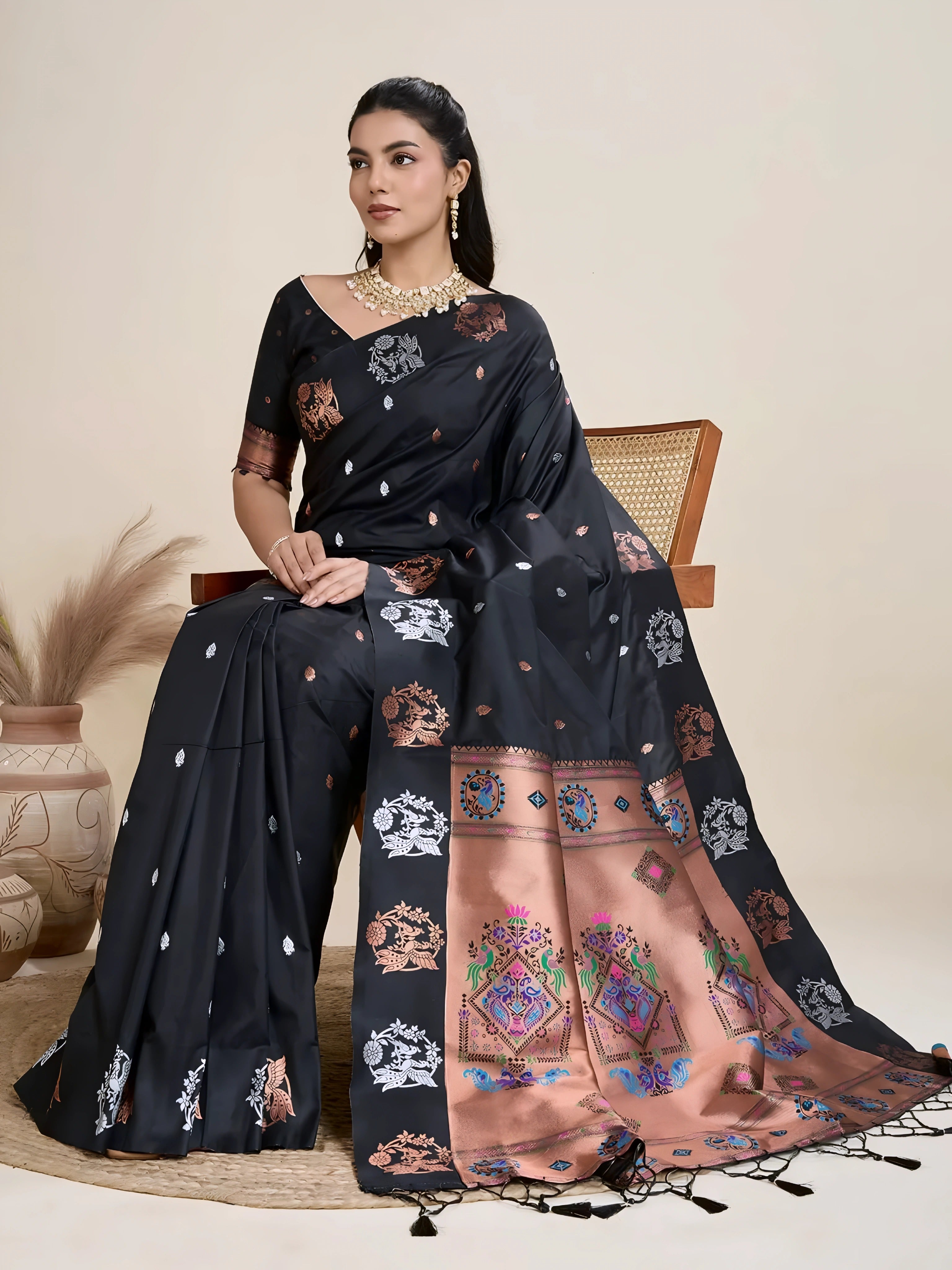 A woman models a luxurious Black Soft Silk Saree. The saree features dual-toned copper and silver metallic woven motifs on the body, and a wide, contrasting peach/rose gold pallu panel richly woven with multi-colored traditional designs. She wears a matching black blouse and heavy gold Kundan jewelry.