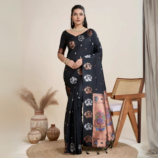 A woman models a luxurious Black Soft Silk Saree. The saree features dual-toned copper and silver metallic woven motifs on the body, and a wide, contrasting peach/rose gold pallu panel richly woven with multi-colored traditional designs. She wears a matching black blouse and heavy gold Kundan jewelry.