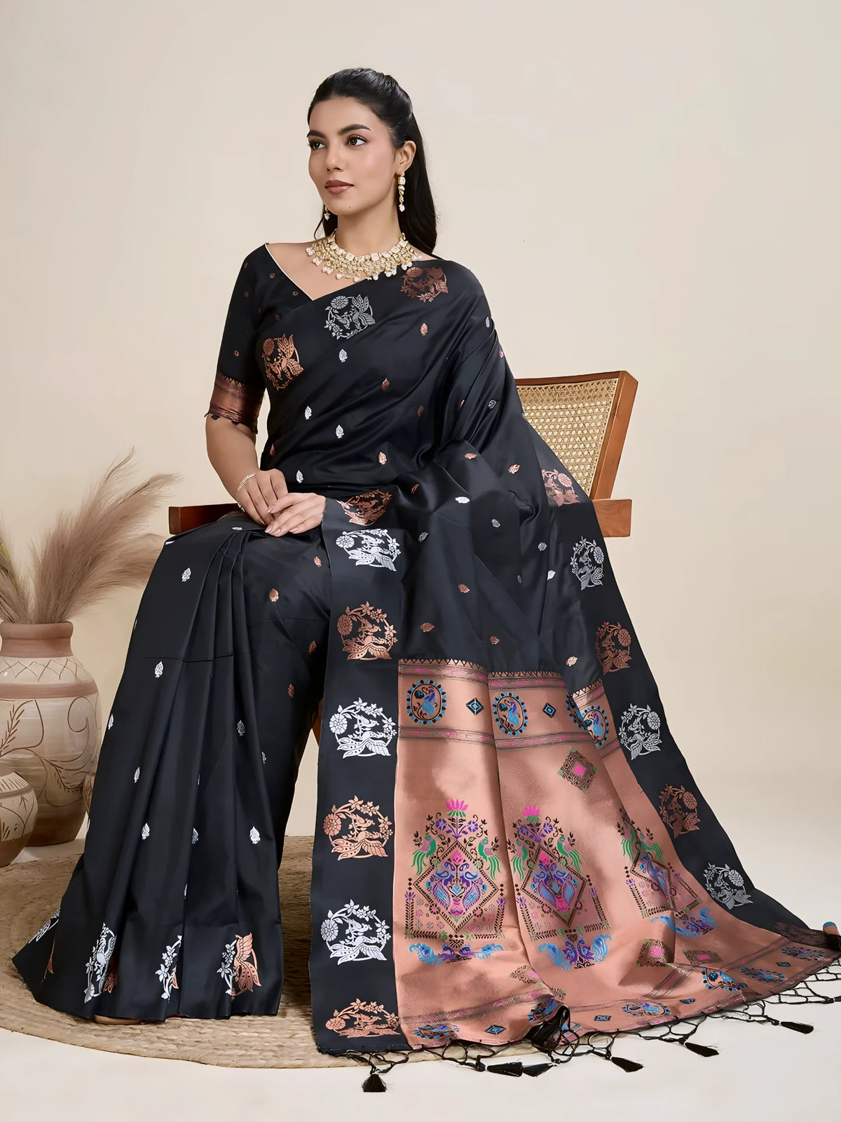 A woman models a luxurious Black Soft Silk Saree. The saree features dual-toned copper and silver metallic woven motifs on the body, and a wide, contrasting peach/rose gold pallu panel richly woven with multi-colored traditional designs. She wears a matching black blouse and heavy gold Kundan jewelry.