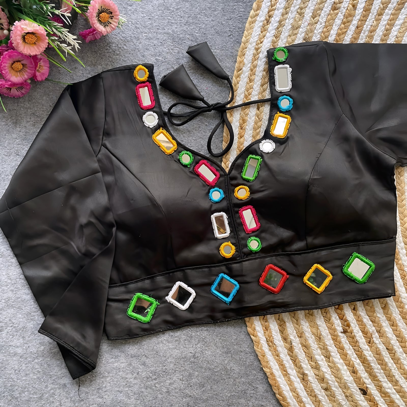 Black Mirror Work V-Neck Silk Blouse