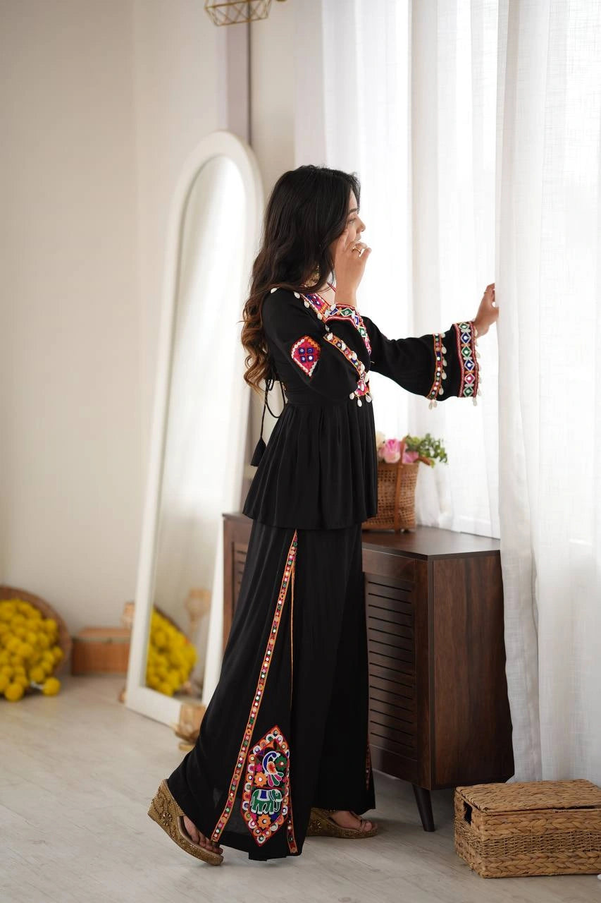 Black Thread Embroidered Coord Set – Mirror Kodi Work Kediya Palazzo | Kalyanja | KC14