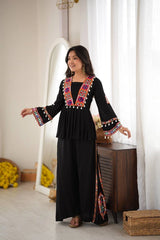 Black Thread Embroidered Coord Set – Mirror Kodi Work Kediya Palazzo | Kalyanja | KC14