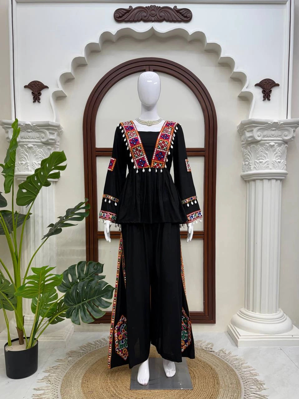 Black Thread Embroidered Coord Set – Mirror Kodi Work Kediya Palazzo | Kalyanja | KC14