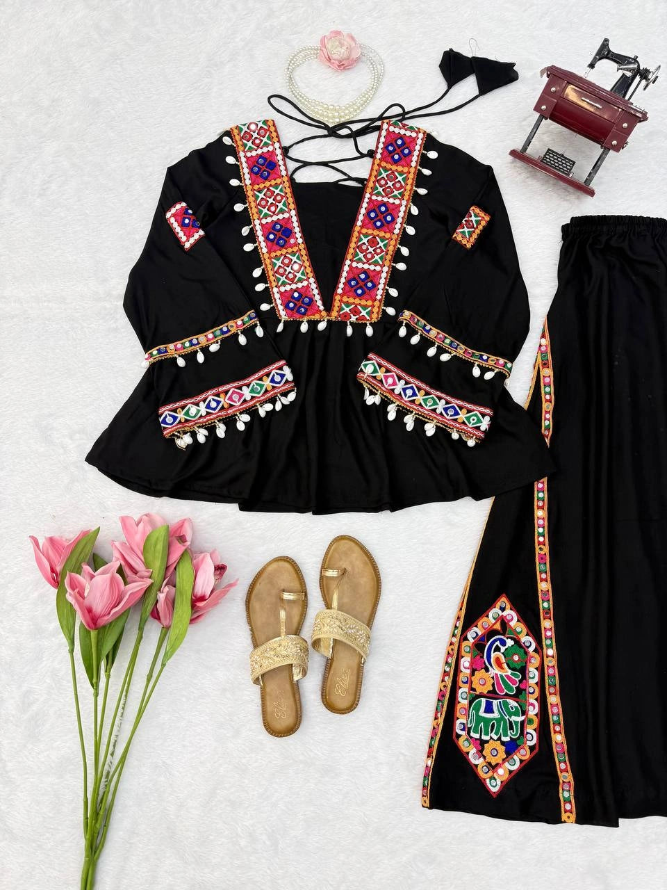Black Thread Embroidered Coord Set – Mirror Kodi Work Kediya Palazzo | Kalyanja | KC14