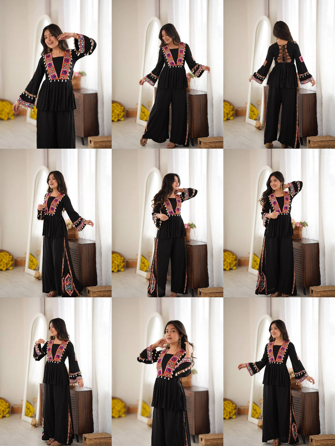 Black Thread Embroidered Coord Set – Mirror Kodi Work Kediya Palazzo | Kalyanja | KC14