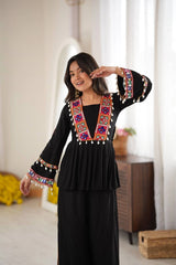 Black Thread Embroidered Coord Set – Mirror Kodi Work Kediya Palazzo | Kalyanja | KC14