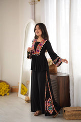 Black Thread Embroidered Coord Set – Mirror Kodi Work Kediya Palazzo | Kalyanja | KC14