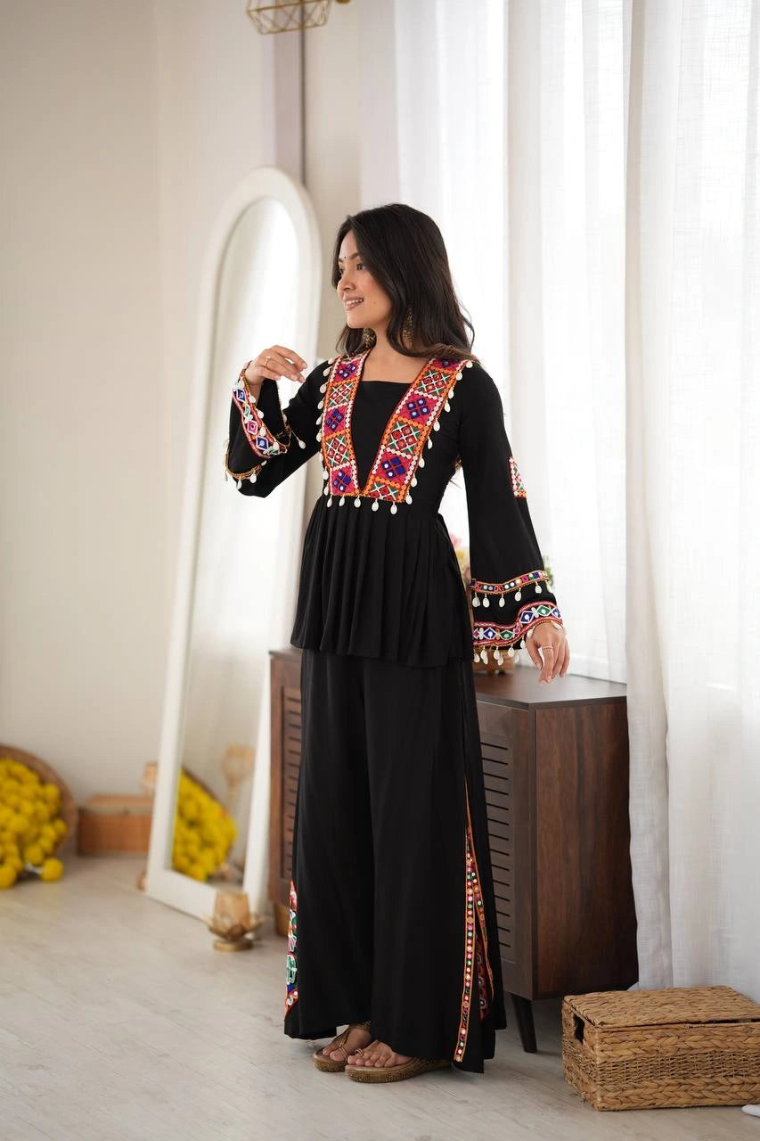 Black Thread Embroidered Coord Set – Mirror Kodi Work Kediya Palazzo | Kalyanja | KC14