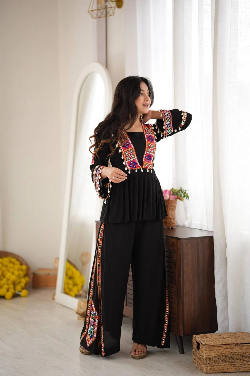 Black Thread Embroidered Coord Set – Mirror Kodi Work Kediya Palazzo | Kalyanja | KC14