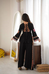 Black Thread Embroidered Coord Set – Mirror Kodi Work Kediya Palazzo | Kalyanja | KC14