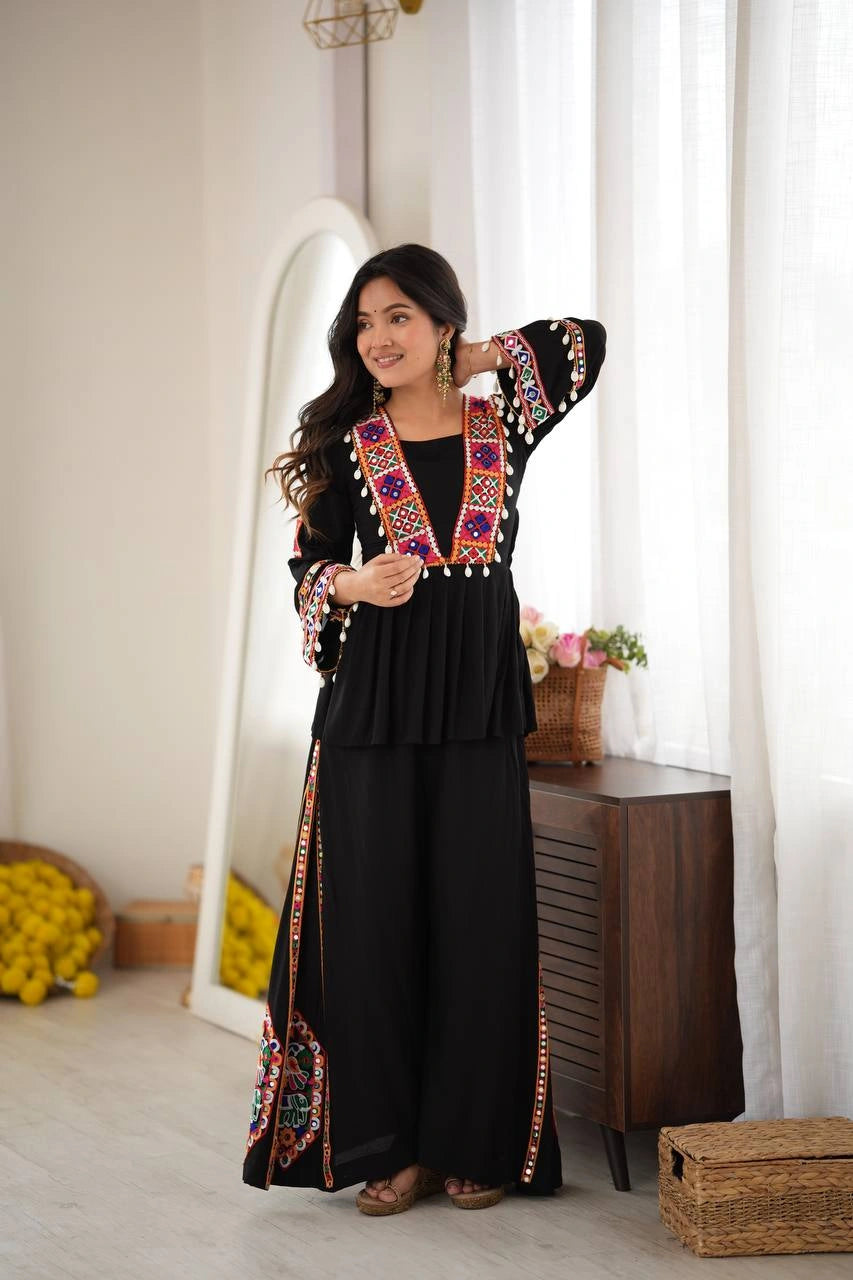 Black Thread Embroidered Coord Set – Mirror Kodi Work Kediya Palazzo | Kalyanja | KC14
