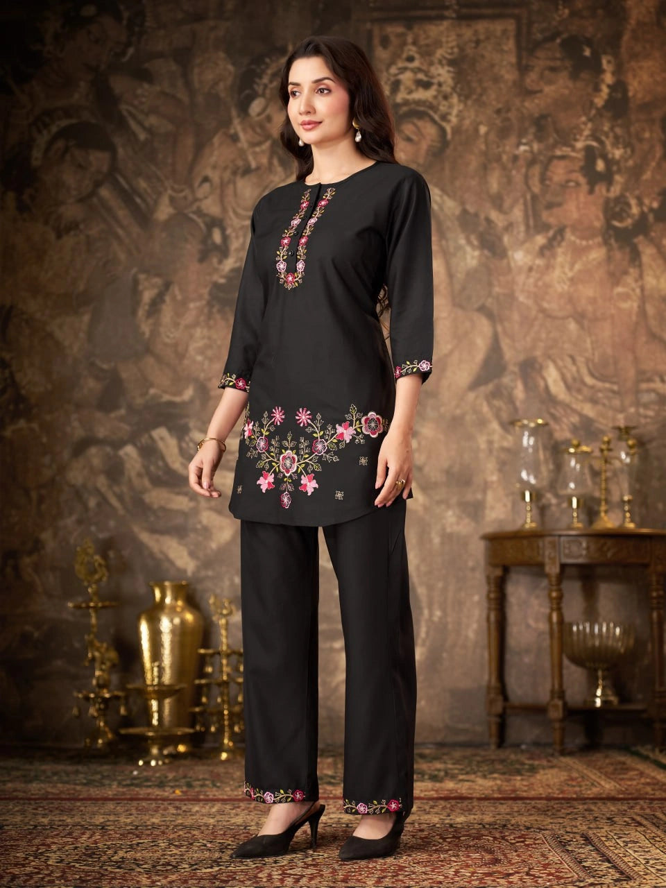 Black Thread Embroidered Coord Set side angle full length Kalyanja KC22