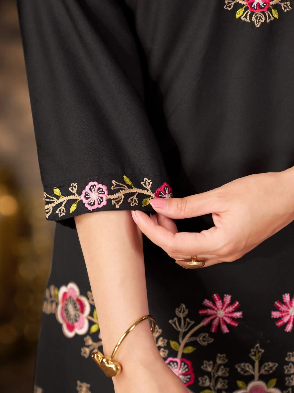Black Thread Embroidered Coord Set model pose hem detail Kalyanja KC22