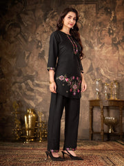 Black Thread Embroidered Coord Set close up floral thread work Kalyanja KC22