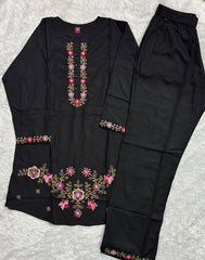 Black Thread Embroidered Coord Set pocket detail close up Kalyanja KC22