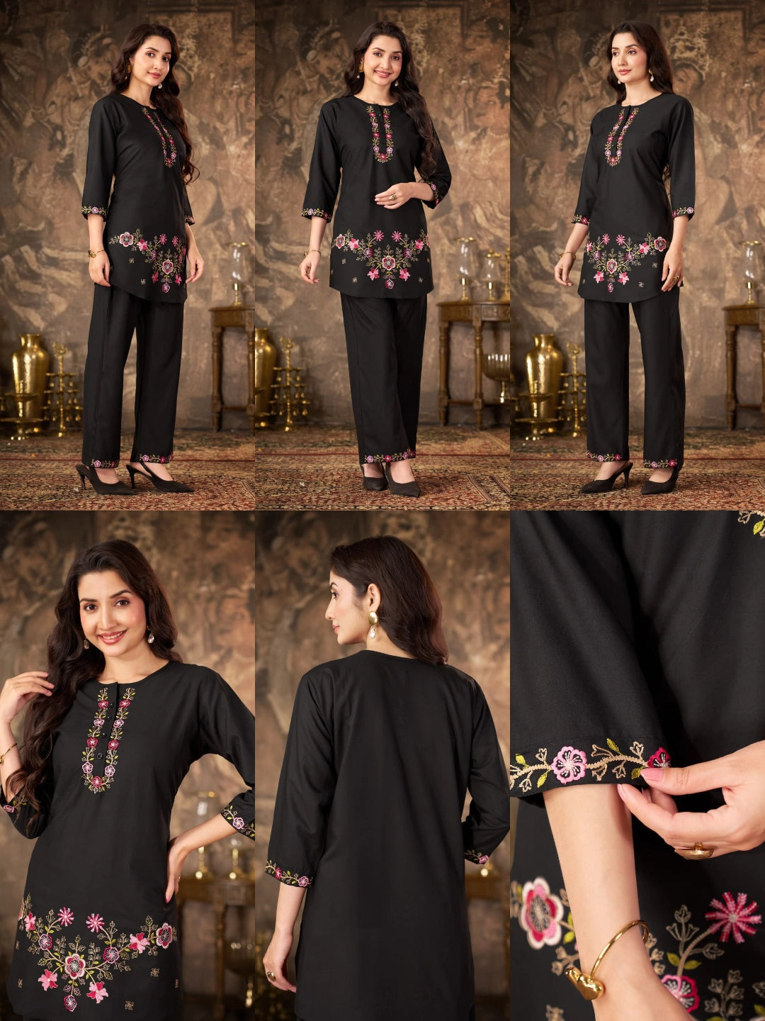 Black Thread Embroidered Coord Set multiple views collage Kalyanja KC22