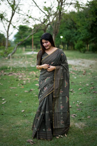 Black Thread Work Khadi Tusar Silk Saree